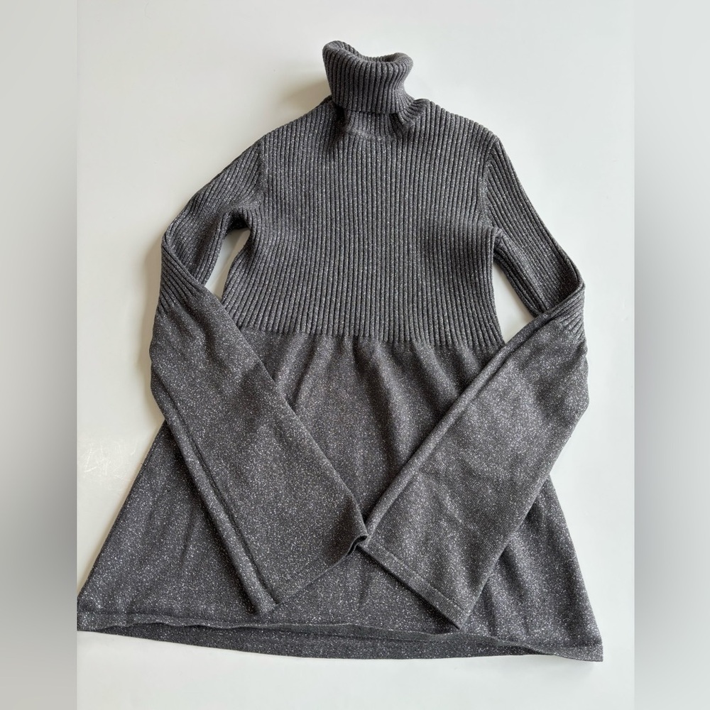 BN13 Willi Smith Glittery Charcoal Turtleneck Babydoll Blouse Bell Sleeve Small - Picture 6 of 6